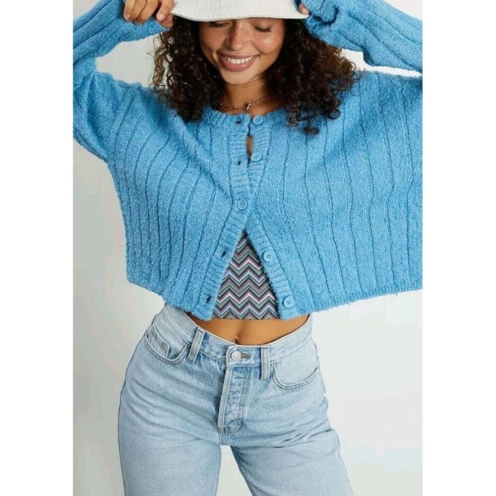 PacSun LA Hearts button front cardigan sweater cropped Blue ribbed plush size S